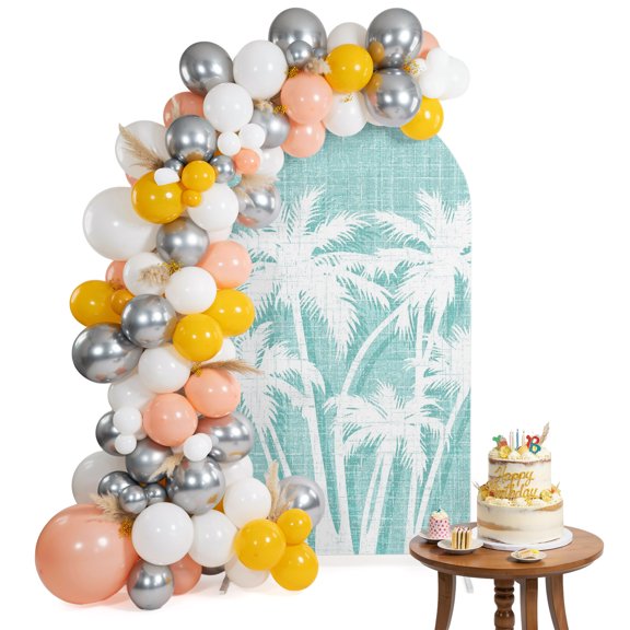 Arch Backdrop Cover for Wedding 6FT Tropical Coastal Mint Green Beach Stretch Spandex Party Arch Cover, Fabric Backdrop Banner for Baby Shower, Birthday, Bridal Shower Decor Summer White Palm Trees