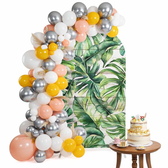 Arch Backdrop Cover for Wedding 6FT Tropical Plants Stretch Spandex Party Arch Cover, Fabric Backdrop Banner for Baby Shower, Birthday, Bridal Shower Decor Summer Watercolor Monstera Wooden