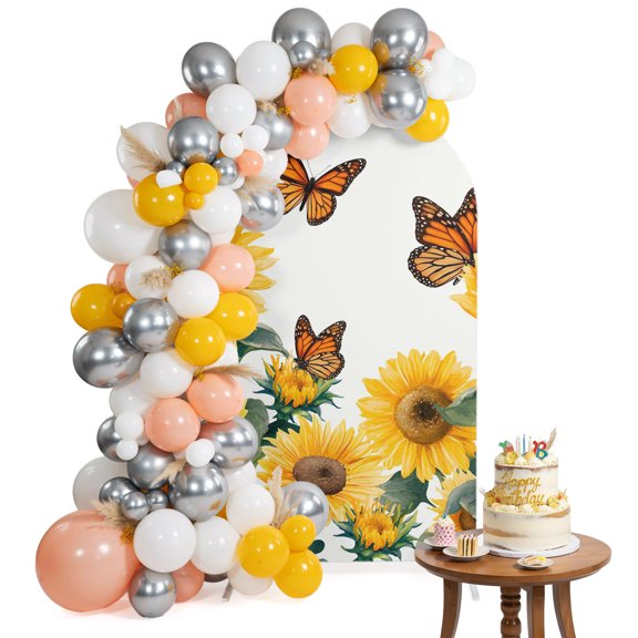Arch Backdrop Cover for Wedding 6FT Tropical Sunflowers Stretch Spandex Party Arch Cover, Fabric Backdrop Banner for Baby Shower, Birthday, Bridal Shower Decor Summer Butterflies Rustic White Yellow