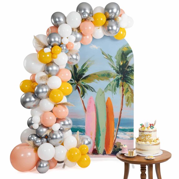 Arch Backdrop Cover for Wedding 6FT Tropical Surfboard Stretch Spandex Party Arch Cover, Fabric Backdrop Banner for Baby Shower, Birthday, Bridal Shower Decor Coastal Palm Trees Beach Landscape Green