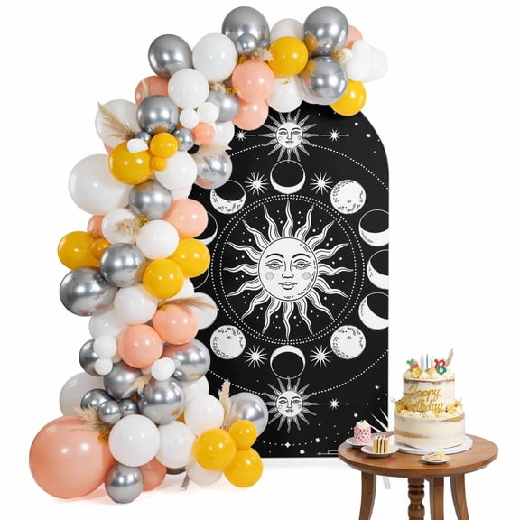 Arch Backdrop Cover for Wedding 7.2FT Celestial Sun and Moon Stretch Spandex Party Arch Cover, Fabric Backdrop Banner for Baby Shower, Birthday, Bridal Shower Decor Black Starry Galaxy Boho