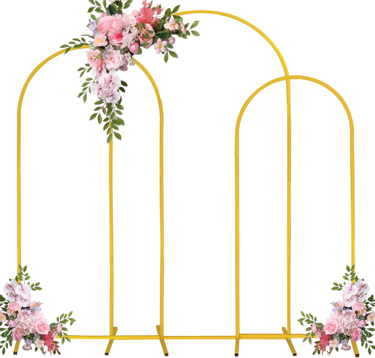 Balloon Arch Stand Kit - Set Of 3 Gold Metal Backdrop Stands (7.2FT, 6.6FT, 6FT) With Bases & Strips