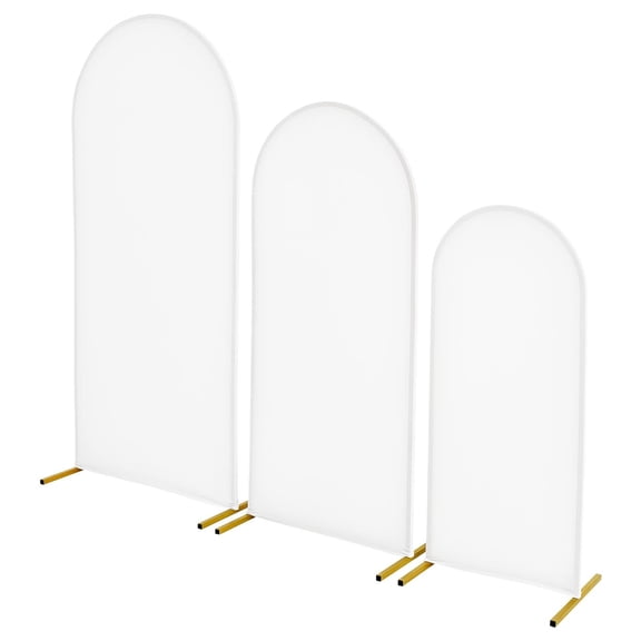 Set of 3 Gold Metal Arch Backdrop Stands, 6/5/4 ft Wedding Party Arches with Fabric Panels, Storage Bags, Ground Stakes, Square Tube Frame for Birthday Graduation Ceremony Decor