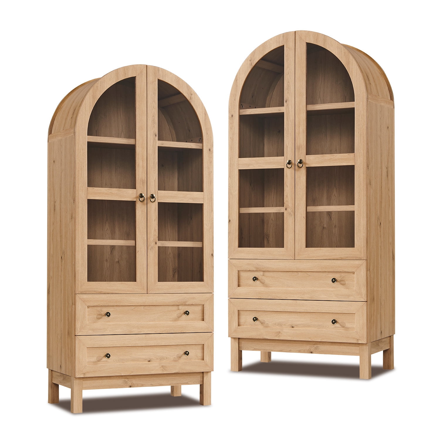 Arch Bookshelf with Storage Set of 2, Tall Bookcase with Glass Doors & Drawers