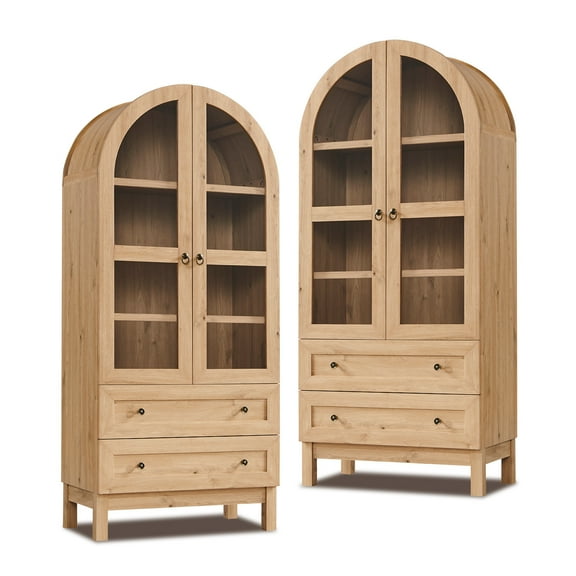 Arch Bookshelf with Storage Set of 2, Tall Bookcase with Glass Doors & Drawers