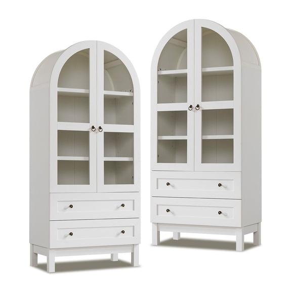 Arch Bookshelf with Storage Set of 2, Tall Bookcase with Glass Doors & Drawers
