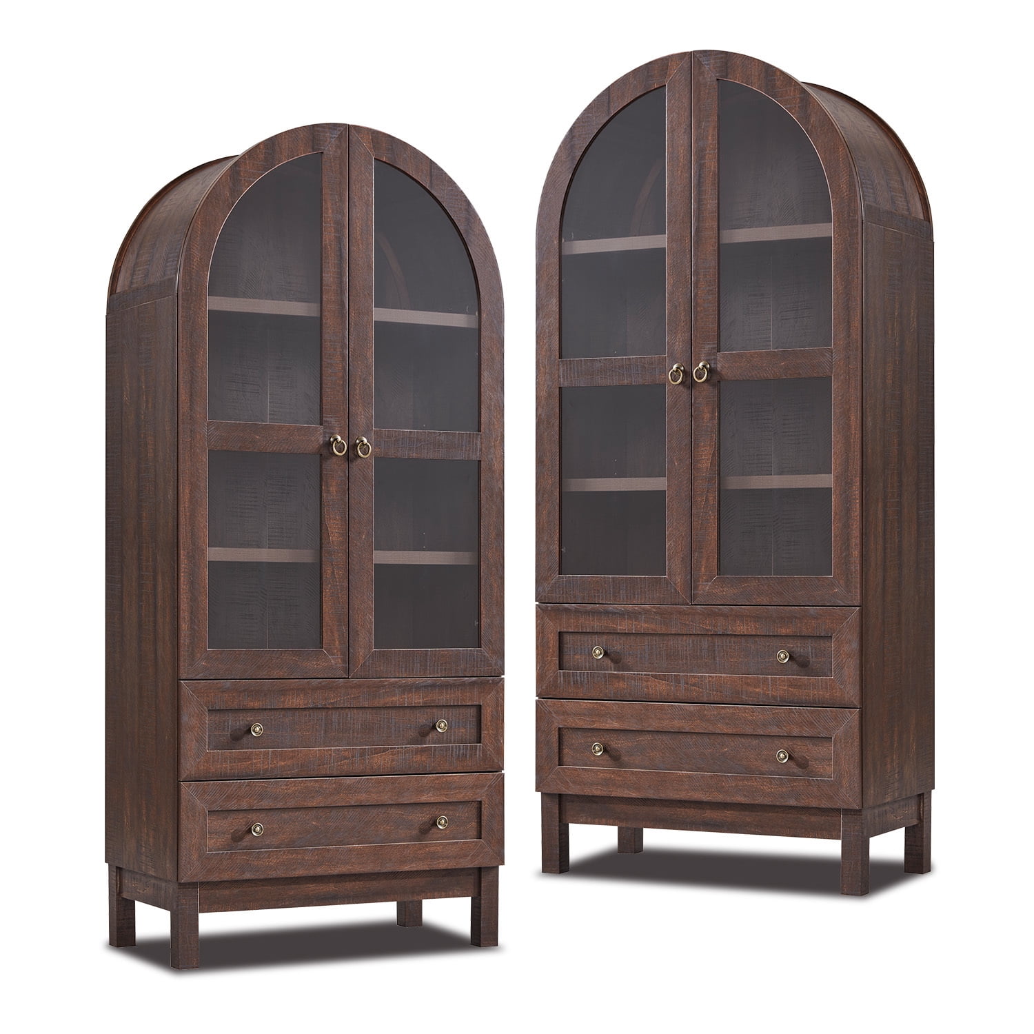 Arch Bookshelf with Storage Set of 2, Tall Bookcase with Glass Doors & Drawers