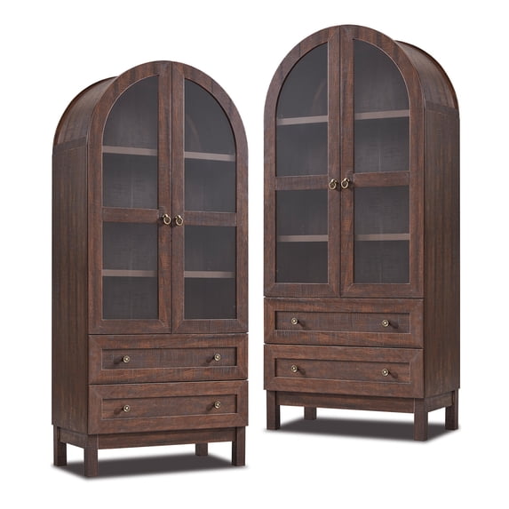 Arch Bookshelf with Storage Set of 2, Tall Bookcase with Glass Doors & Drawers