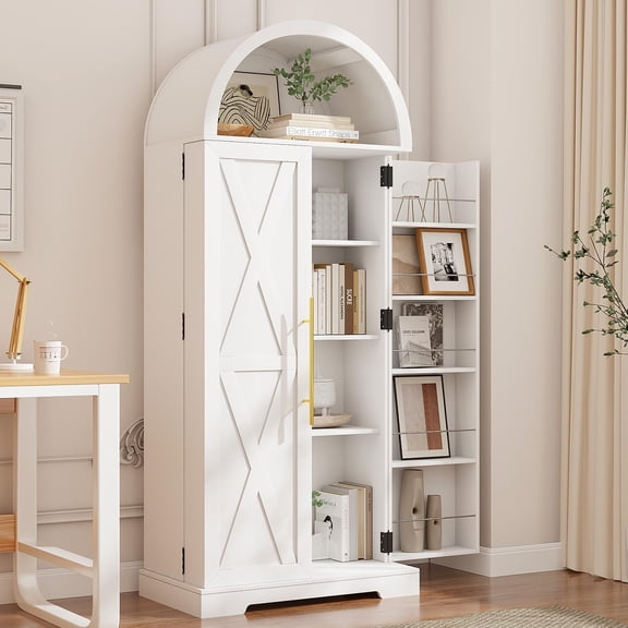 Arch Cabinet - 65" Freestanding Pantry Kitchen Storage with 4 Large Storage Compartment & 10 Door Shelves | Farmhouse Design for Living Room, Restaurant, Kitchen, (White)