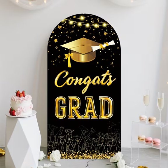 Arch Congrats Grad Backdrop Cover,Graduation Party Arch Banner, Polyester Peach Skin Fabric Grad Photo Booth Background Cover for Graduation Decor, Stand Not Included