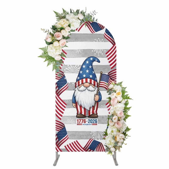 Arch Covers, 250 Year American Anniversary Flag Arch Covers Stretchy Backdrop 4'x1.65', Grey Striped Gnomes Fireworks Spandex Round Top Chiara Arches Backdrop Cover for Wedding Party Birthday Banquet