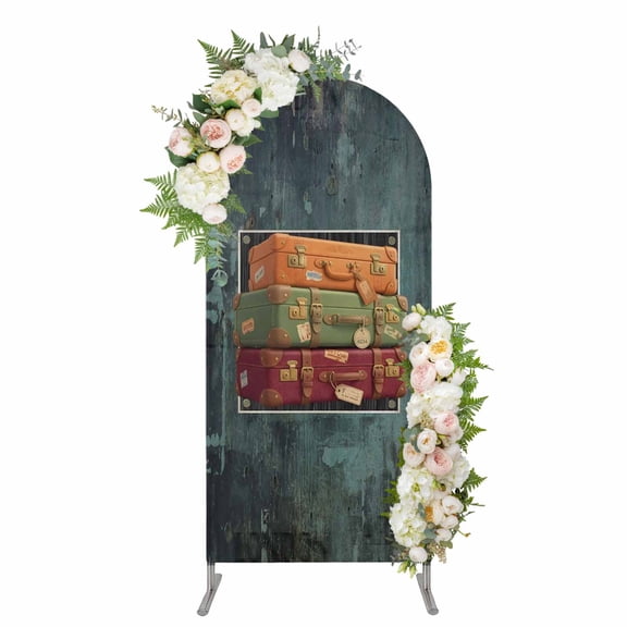 Arch Covers, 3D Optical Illusion Arch Covers Stretchy Backdrop 6.6'x3.3', Vintage Shabby Chic Suitcase on Walls Spandex Round Top Chiara Arches Backdrop Cover for Wedding Party Birthday Banquet