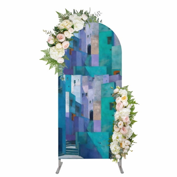 Arch Covers, Abstract Blue Arch Covers Stretchy Backdrop 4'x1.65', Painting Buildings Geometric Color Block Spandex Fitted Round Top Chiara Arches Backdrop Cover for Wedding Party Birthday Banquet
