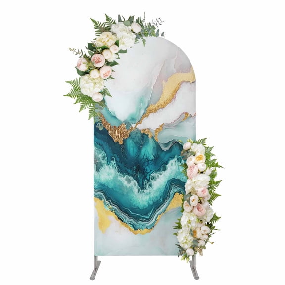 Arch Covers, Abstract Marble Arch Covers Stretchy Backdrop 6.6'x3.3', Turquoise Abstract Golden Foil Texture Spandex Fitted Round Top Chiara Arches Backdrop Cover for Wedding Party Birthday Banquet