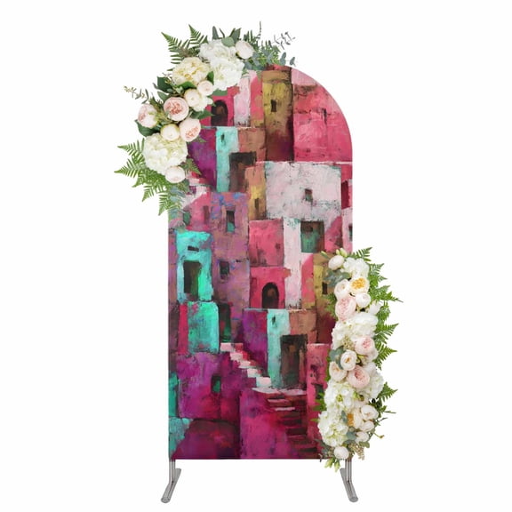 Arch Covers, Abstract Red Arch Covers Stretchy Backdrop 4'x1.65', Painting Buildings Geometric Color Block Spandex Fitted Round Top Chiara Arches Backdrop Cover for Wedding Party Birthday Banquet