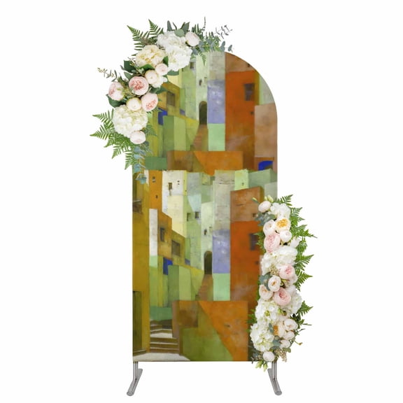 Arch Covers, Abstract Yellow Arch Covers Stretchy Backdrop 4'x1.65', Painting Buildings Geometric Modern Art Spandex Fitted Round Top Chiara Arches Backdrop Cover for Wedding Party Birthday Banquet