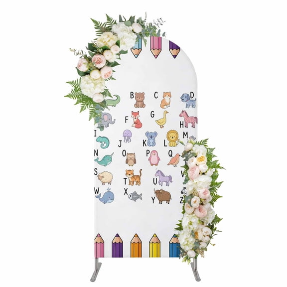 Arch Covers, Alphabet Arch Covers Stretchy Backdrop 5'x2.1', Cartoon Colorful Animals Letter Crayon Spandex Fitted Round Top Chiara Arches Backdrop Cover for Wedding Party Birthday Banquet