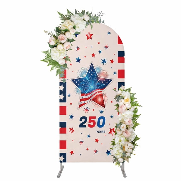 Arch Covers, Anniversary USA Flag Arch Covers Stretchy Backdrop 4'x1.65', 4th of July Blue Red Star Spandex Fitted Round Top Chiara Arches Backdrop Cover for Wedding Party Birthday Banquet