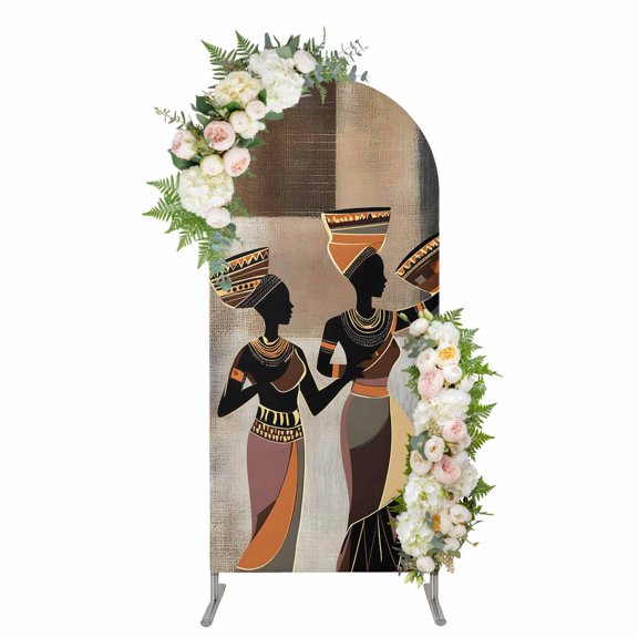Arch Covers, Black Brown Girls Boho Arch Covers Stretchy Backdrop 5'x2.1', Grey Vintage Ethnic Abstract Art Spandex Fitted Round Top Chiara Arches Backdrop Cover for Wedding Party Birthday Banquet