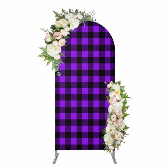 Arch Covers, Black Purple Plaid Arch Covers Stretchy Backdrop 4'x1.65', Farmhouse Simple Buffalo Checked Spandex Fitted Round Top Chiara Arches Backdrop Cover for Wedding Party Birthday Banquet