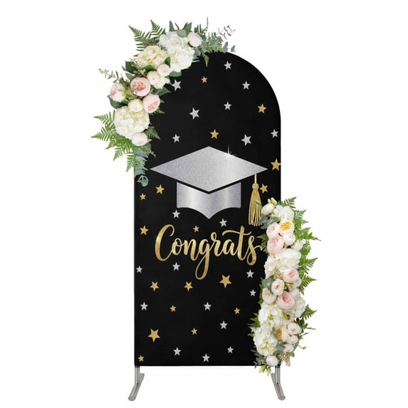 Arch Covers, Black Stars Graduation Arch Covers Stretchy Backdrop 5'x2.1', Yellow White Star Modern Art Spandex Fitted Round Top Chiara Arches Backdrop Cover for Wedding Party Birthday Banquet