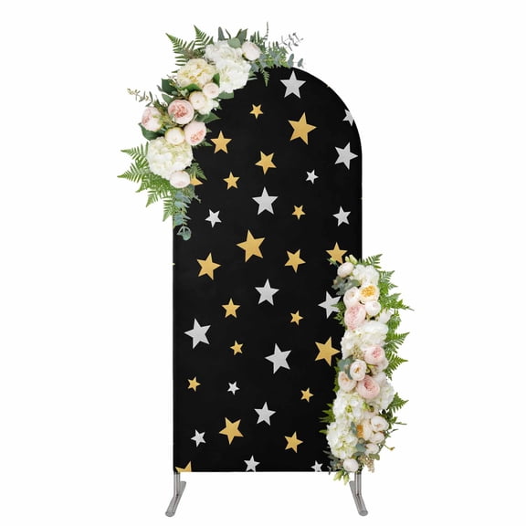 Arch Covers, Black Stars Modern Arch Covers Stretchy Backdrop 7.2'x4', Yellow White Star Modern Art Spandex Fitted Round Top Chiara Arches Backdrop Cover for Wedding Party Birthday Banquet