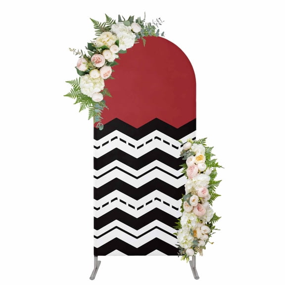 Arch Covers, Black White Chevron Arch Covers Stretchy Backdrop 6'x2.6', Geometric Red Sea Wavy Striped Spandex Fitted Round Top Chiara Arches Backdrop Cover for Wedding Party Birthday Banquet