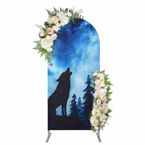 Arch Covers, Black Wolf Silhouette Arch Covers Stretchy Backdrop 4'x1.65', Forest Starry Night Sky Spandex Fitted Round Top Chiara Arches Backdrop Cover for Wedding Party Birthday Banquet