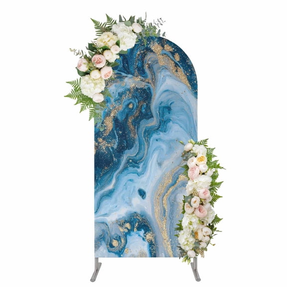 Arch Covers, Blue Gold Marble Arch Covers Stretchy Backdrop 6'x2.6', Modern Abstract Geometric Gradient Spandex Fitted Round Top Chiara Arches Backdrop Cover for Wedding Party Birthday Banquet
