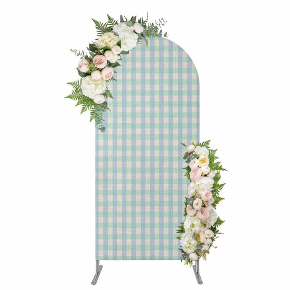 Arch Covers, Blue Green Arch Covers Stretchy Backdrop 7.2'x4', Grid Checkered Plaid Gingham Lattice Trellis Spandex Fitted Round Top Chiara Arches Backdrop Cover for Wedding Party Birthday Banquet