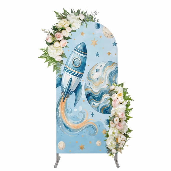 Arch Covers, Blue Ombre Space Rocket Arch Covers Stretchy Backdrop 5'x2.1', Modena Abstract Universe Planet Spandex Fitted Round Top Chiara Arches Backdrop Cover for Wedding Party Birthday Banquet