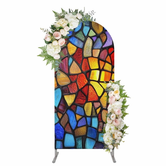 Arch Covers, Blue Red Yellow Arch Covers Stretchy Backdrop 4'x1.65', Modern Colored Rainbow Stained Glass Spandex Fitted Round Top Chiara Arches Backdrop Cover for Wedding Party Birthday Banquet