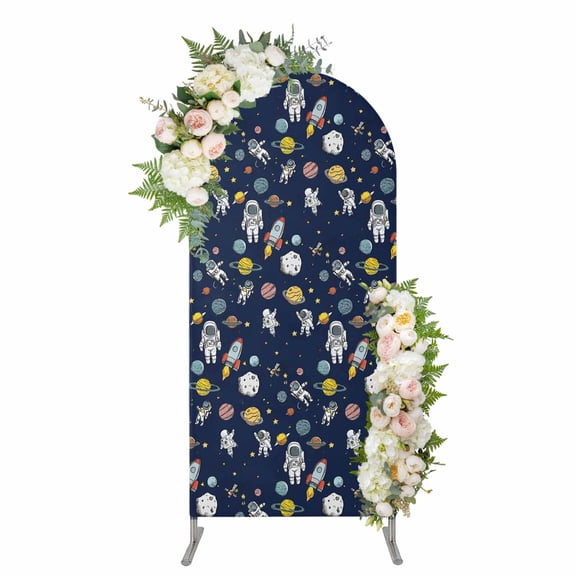 Arch Covers, Blue Space Arch Covers Stretchy Backdrop 6'x2.6', Cartoon Cute Spaceship Planet Star Funny Spandex Fitted Round Top Chiara Arches Backdrop Cover for Wedding Party Birthday Banquet