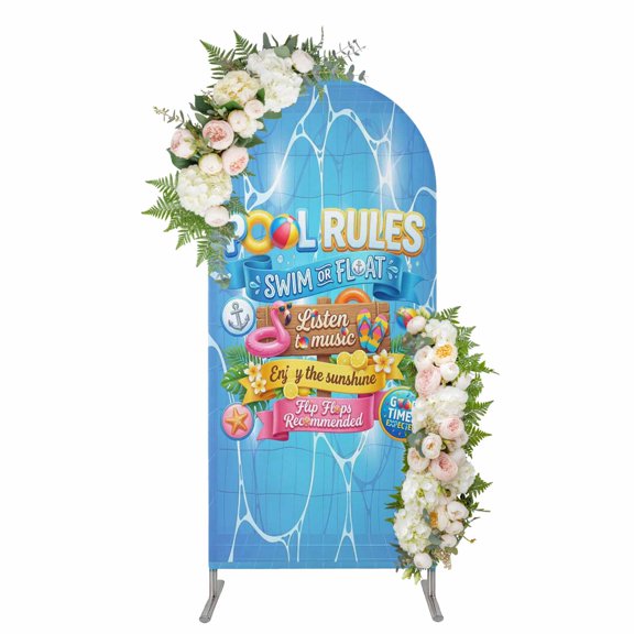 Arch Covers, Blue Summer Arch Covers Stretchy Backdrop 4'x1.65', Modern Tropical Plants Flamingo Pool Swimming Spandex Fitted Round Top Chiara Arches Backdrop Cover for Wedding Party Birthday Banquet