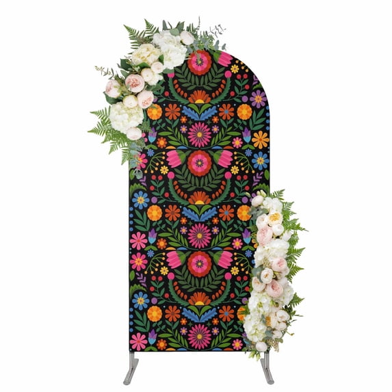 Arch Covers, Bohemian Arch Covers Stretchy Backdrop 6'x2.6', Red Green Tribal Mexican Abstract Flower Spandex Fitted Round Top Chiara Arches Backdrop Cover for Wedding Party Birthday Banquet