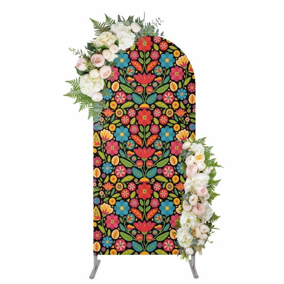 Arch Covers, Boho Flower Arch Covers Stretchy Backdrop 7.2'x4', Red Blue Yellow Colorful Mexico Tribal Spandex Fitted Round Top Chiara Arches Backdrop Cover for Wedding Party Birthday Banquet