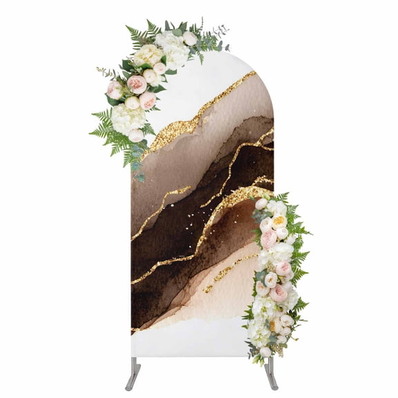 Arch Covers, Brown Gold Marble Arch Covers Stretchy Backdrop 6.6'x3.3', Modern Simple Abstract Fluid Art Spandex Fitted Round Top Chiara Arches Backdrop Cover for Wedding Party Birthday Banquet