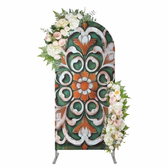 Arch Covers, Burnt Orange Green Flower Arch Covers Stretchy Backdrop 4'x1.65', Boho Ethnic Vintage Spandex Fitted Round Top Chiara Arches Backdrop Cover for Wedding Party Birthday Banquet