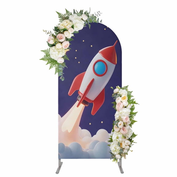 Arch Covers, Cartoon Rocket Arch Covers Stretchy Backdrop 6'x2.6', Funny Space Planet Blue Starry Sky Cloudy Spandex Fitted Round Top Chiara Arches Backdrop Cover for Wedding Party Birthday Banquet