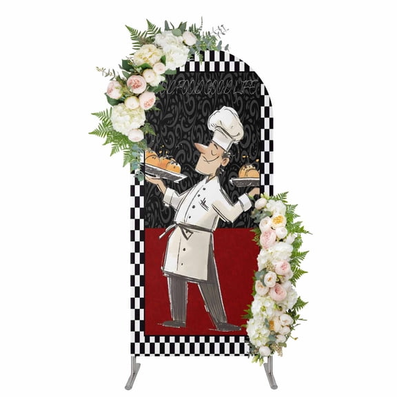 Arch Covers, Chef Arch Covers Stretchy Backdrop 7.2'x4', Cartoon Cute Watercolor Cooking Red Black Spandex Fitted Round Top Chiara Arches Backdrop Cover for Wedding Party Birthday Banquet