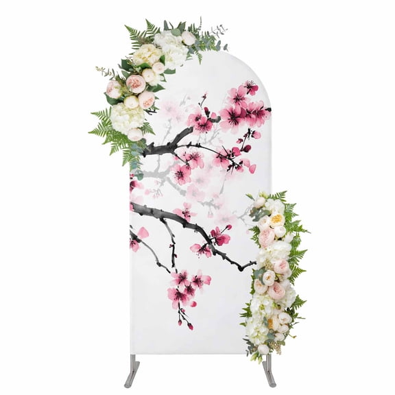 Arch Covers, Cherry Blossoms Arch Covers Stretchy Backdrop 7.2'x4', Pink Pastoral Modern Gradient Spring Spandex Fitted Round Top Chiara Arches Backdrop Cover for Wedding Party Birthday Banquet