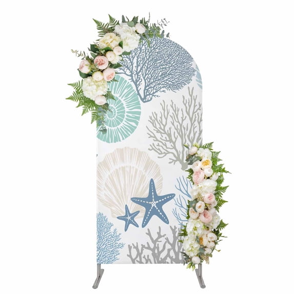 Arch Covers, Coastal Arch Covers Stretchy Backdrop 4'x1.65', Summer Beach Nautical Coral Starfish Spandex Fitted Round Top Chiara Arches Backdrop Cover for Wedding Party Birthday Banquet