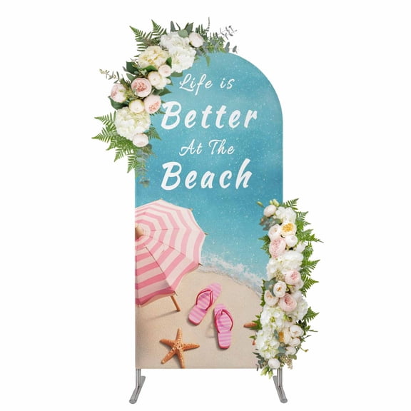 Arch Covers, Coastal Beach Arch Covers Stretchy Backdrop 4'x1.65', Summer Ocean Waves Pink Vacation Starfish Spandex Fitted Round Top Chiara Arches Backdrop Cover for Wedding Party Birthday Banquet