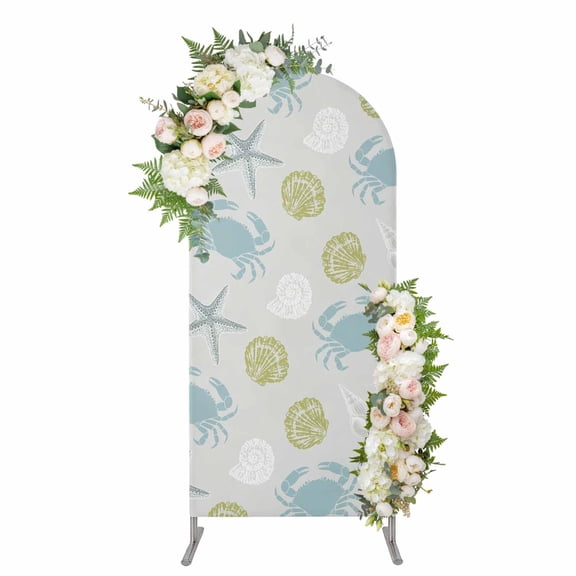 Arch Covers, Coastal Crab Arch Covers Stretchy Backdrop 4'x1.65', Summer Nautical Beach Ocean Starfish Shell Spandex Fitted Round Top Chiara Arches Backdrop Cover for Wedding Party Birthday Banquet