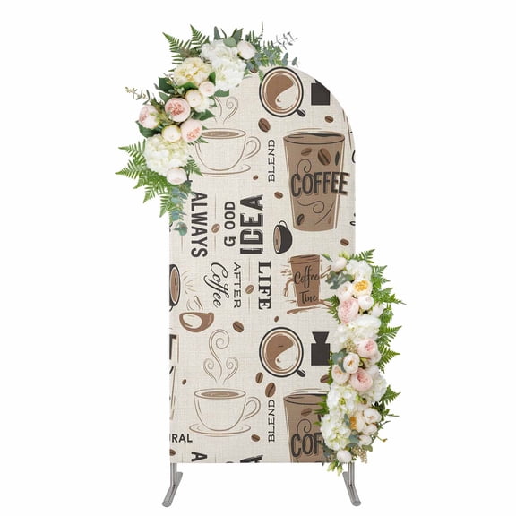 Arch Covers, Coffee Arch Covers Stretchy Backdrop 4'x1.65', Brown Beans Cup Dessert Drink Monochrome Spandex Fitted Round Top Chiara Arches Backdrop Cover for Wedding Party Birthday Banquet