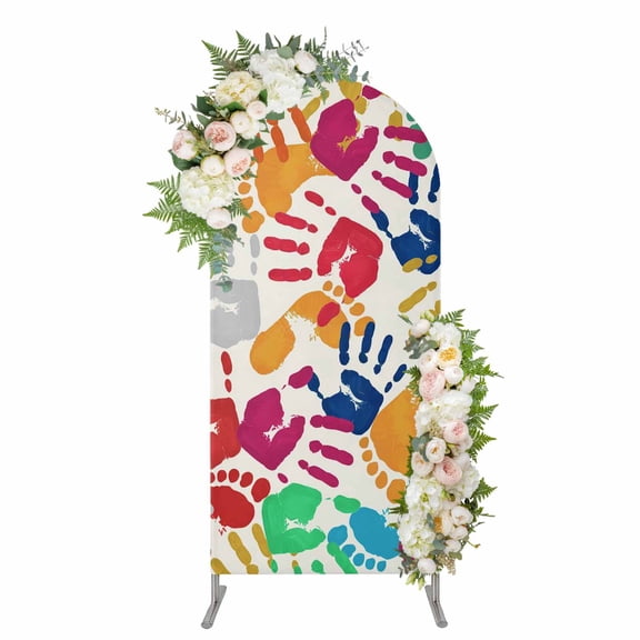 Arch Covers, Colorful Handprints Arch Covers Stretchy Backdrop 4'x1.65', Rainbow Abstract Hand Foot Prints Spandex Fitted Round Top Chiara Arches Backdrop Cover for Wedding Party Birthday Banquet