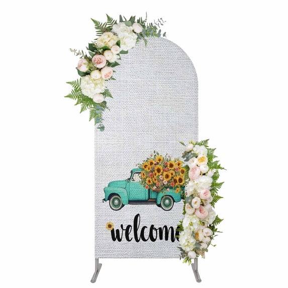 Arch Covers, Country Sunflowers Arch Covers Stretchy Backdrop 7.2'x4', Welcome Rustic Truck Floral Farmhouse Spandex Fitted Round Top Chiara Arches Backdrop Cover for Wedding Party Birthday Banquet