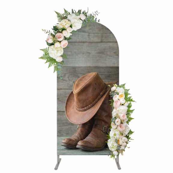 Arch Covers, Cowboy Western Arch Covers Stretchy Backdrop 5'x2.1', Cowboy Hats Boots Grey Wooden Plank Spandex Fitted Round Top Chiara Arches Backdrop Cover for Wedding Party Birthday Banquet