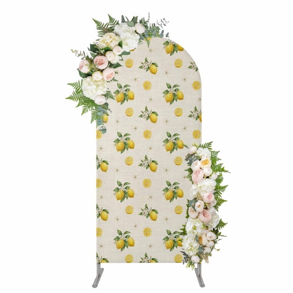 Arch Covers, Cute Lemon Summer Arch Covers Stretchy Backdrop 6'x2.6', Farmhouse Floral Retro Linen Texture Spandex Fitted Round Top Chiara Arches Backdrop Cover for Wedding Party Birthday Banquet