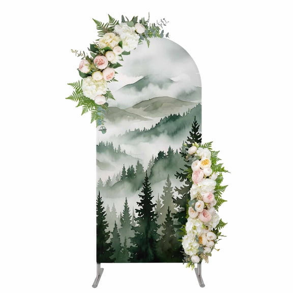 Arch Covers, Dark Green Forest Arch Covers Stretchy Backdrop 4'x1.65', Watercolor Clouds Trees Mountain Spandex Fitted Round Top Chiara Arches Backdrop Cover for Wedding Party Birthday Banquet